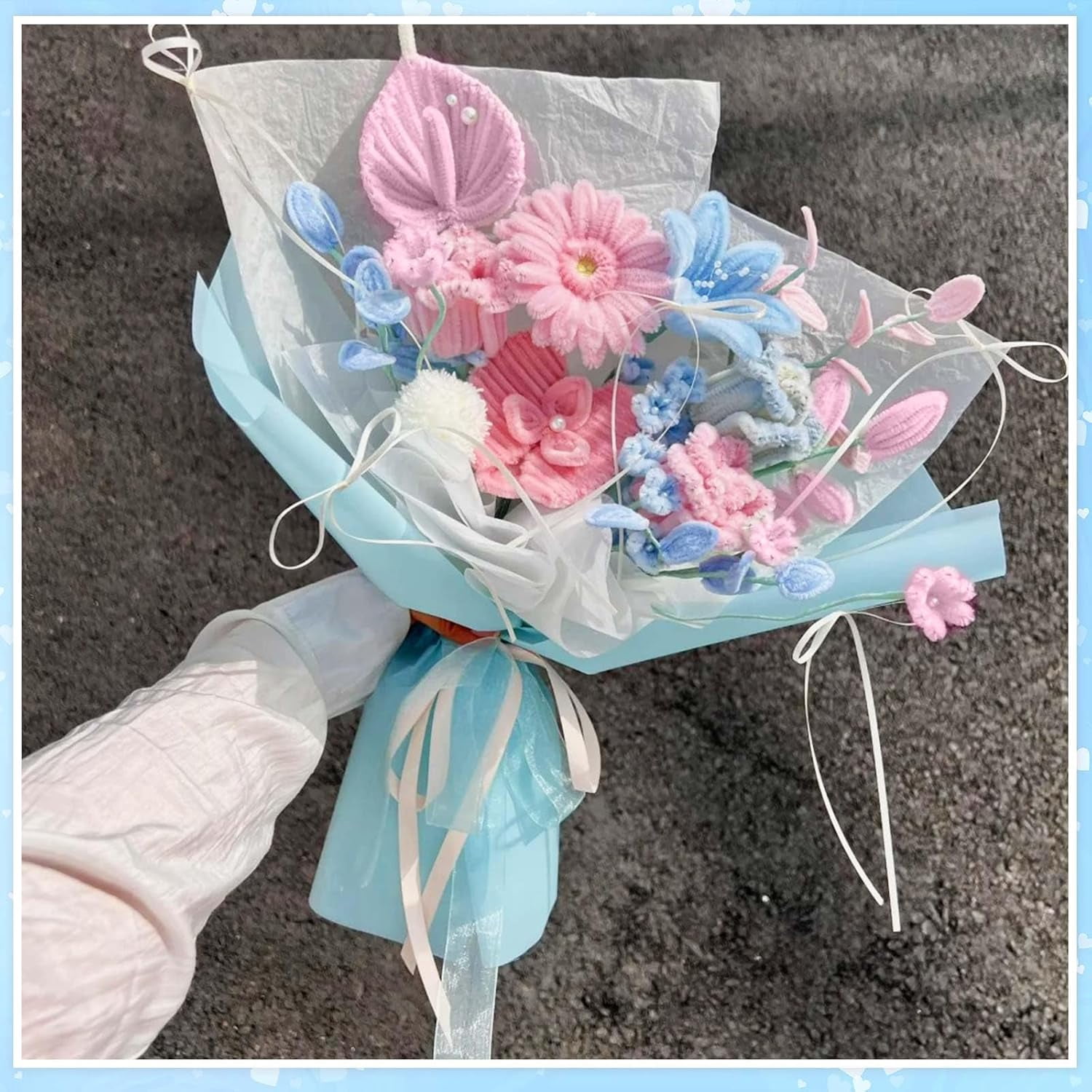 EP 500 Pieces Pipe Cleaners Chenille Stems for Flowers Craft Supplies Bulk Fluffy Fuzzy Sticks for DIY Art Projects Creative Gift Wrapping Party Decorations (Blue & Pink Flower,12 Inch)