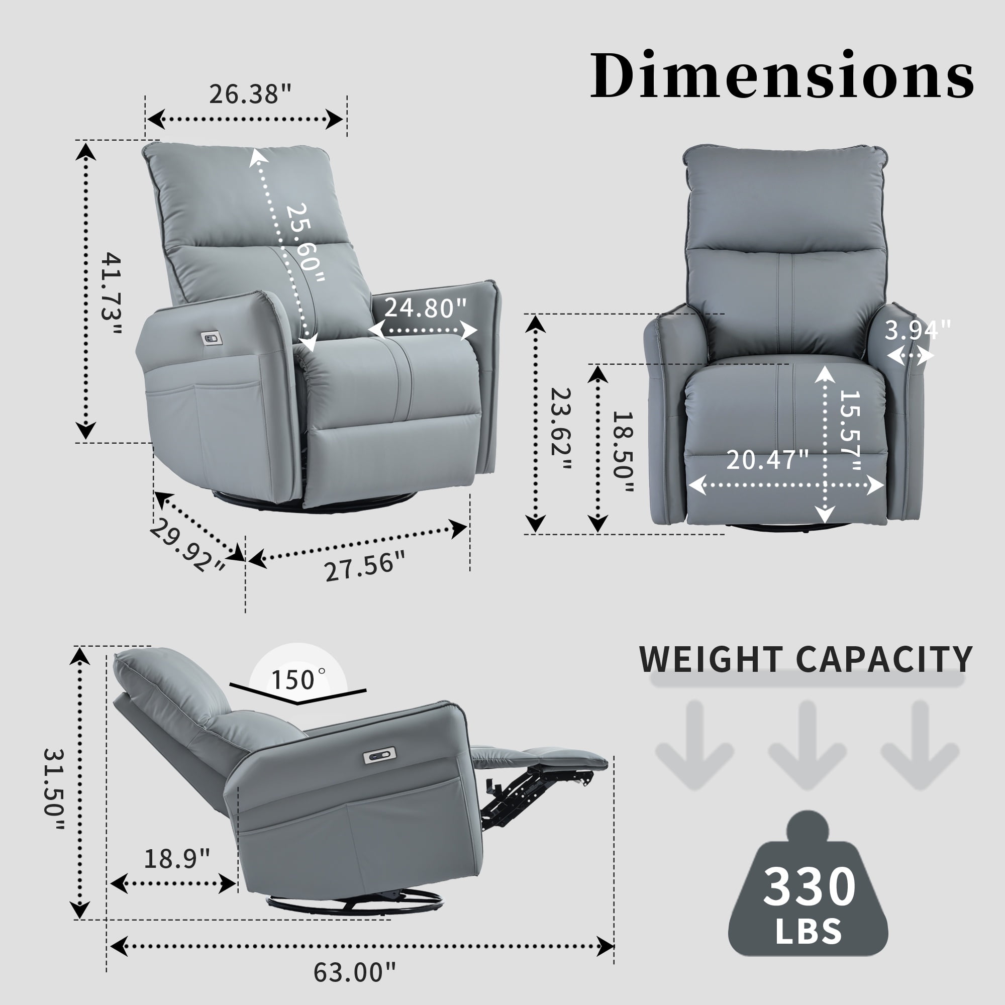Bellemave Power Swivel Rocker Recliner, 270° Glider Recliner with USB Ports, Overstuffed Faux Leather Rocking Chair for Small Spaces Living Room (Blue Gray)