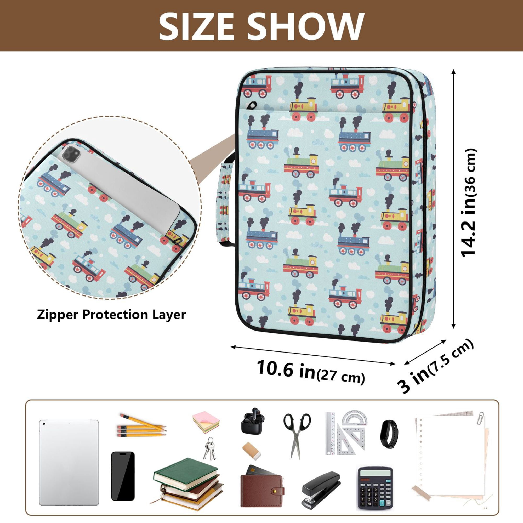 FORMRS Accordion File Folder A4 Size 7-Pocket Expanding Document Organizer Bag with 3 Ring Binder, Colorful Trains