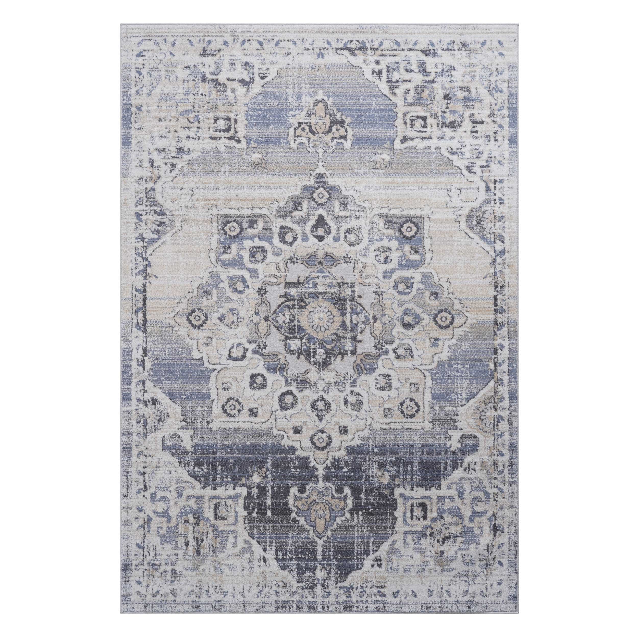 8' x 10' Cream Blue Medallion Area Rug Non-Shedding Stain Resistant Medium Pile Carpet for Living Room Bedroom Dining Room Home Office Entryway