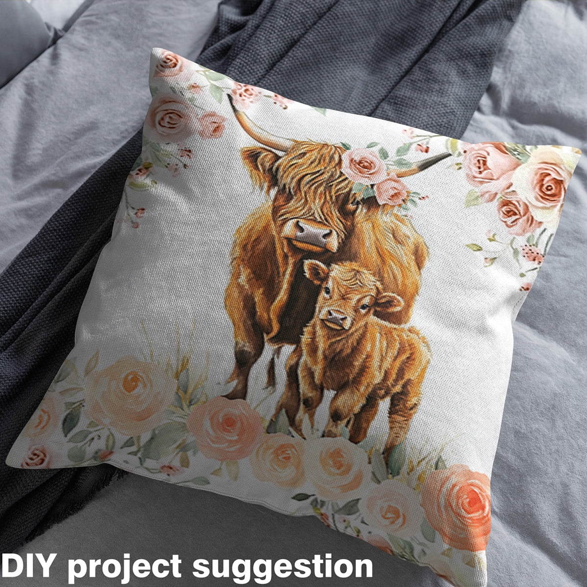 Feelyou Highland Cow Fabric by the Yard 10 Yards, Farmhouse Rose Flower Sewing Fabric, Rustic Animal Home Decor Fabric by the Yard, Luxury Bedroom Decor