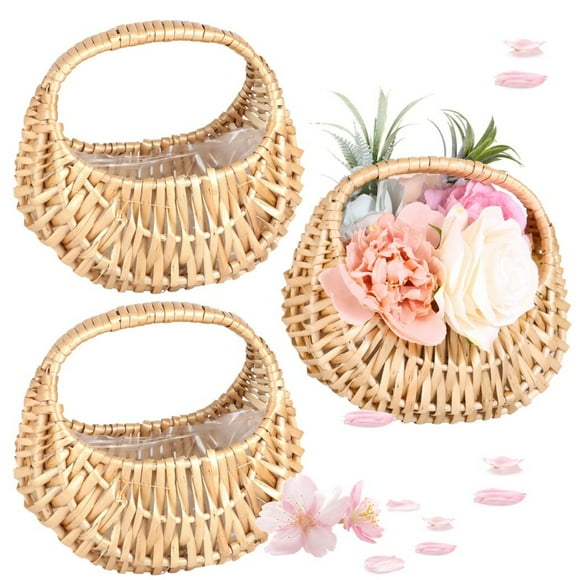 3 Pcs Rattan Flower Baskets, Small Half-Moon Wicker Baskets with Handles & Plastic Lining for Wedding, Handheld Willow Straw Woven Baskets for Home Decor, Sturdy Picnic Baskets