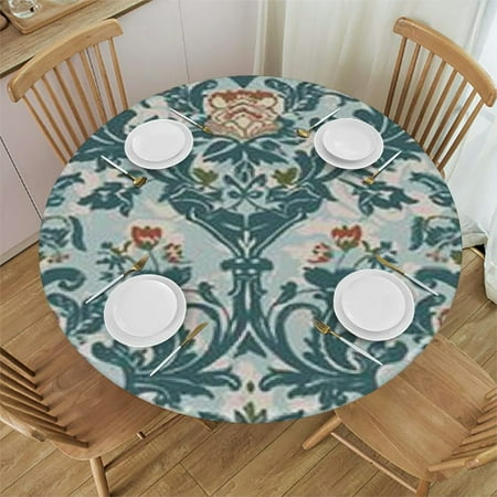 

Blue White Round Tablecloth with Elastic Edge Flower Bohemian Style Country Style Elastic Edge Waterproof and wipeable Floral