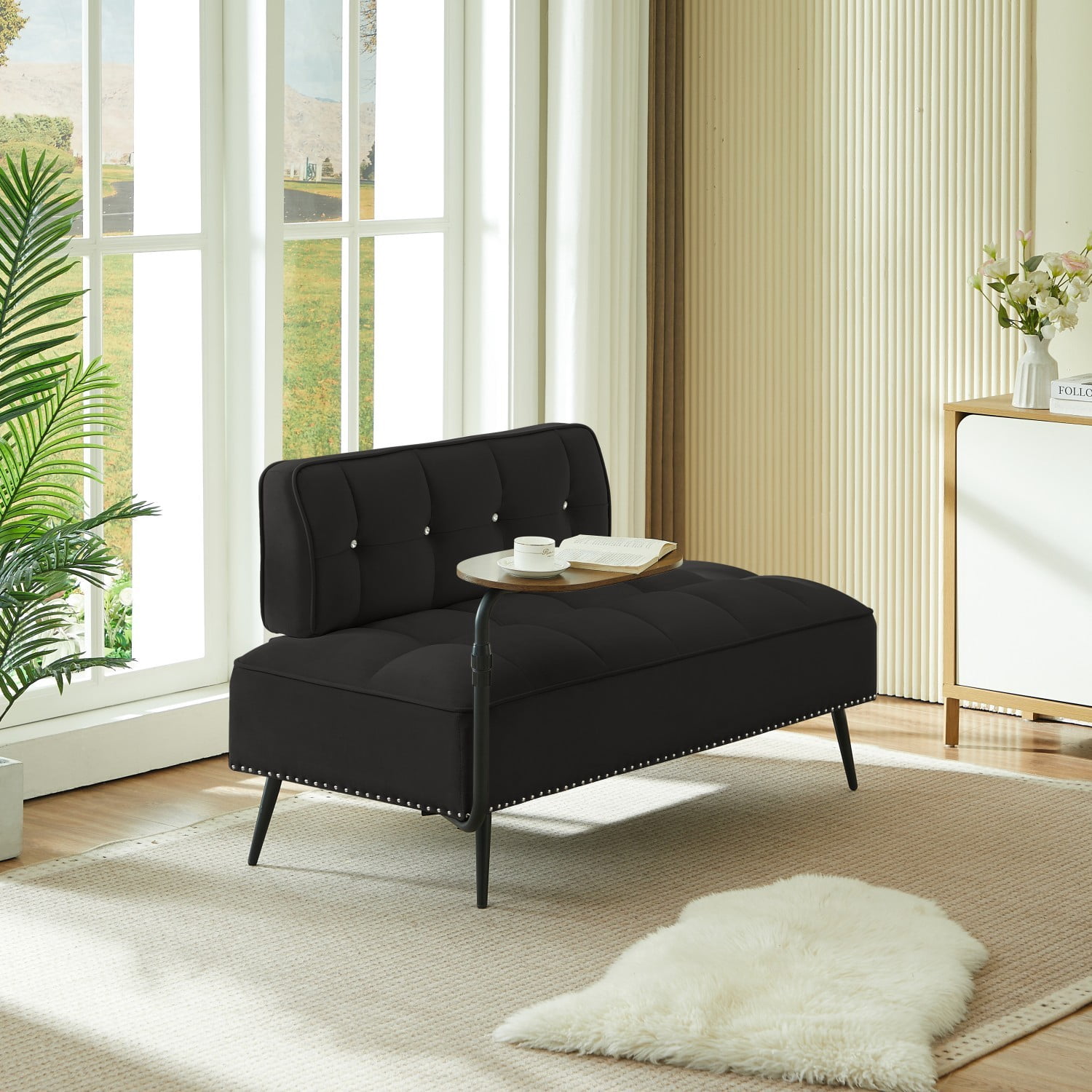 54-Inch Modern 2 Seater Velvet Sofa with 360 Rotating Side Table, Upholstered Couch with Nailhead Trim for Living Room Bedroom Apartment, Black