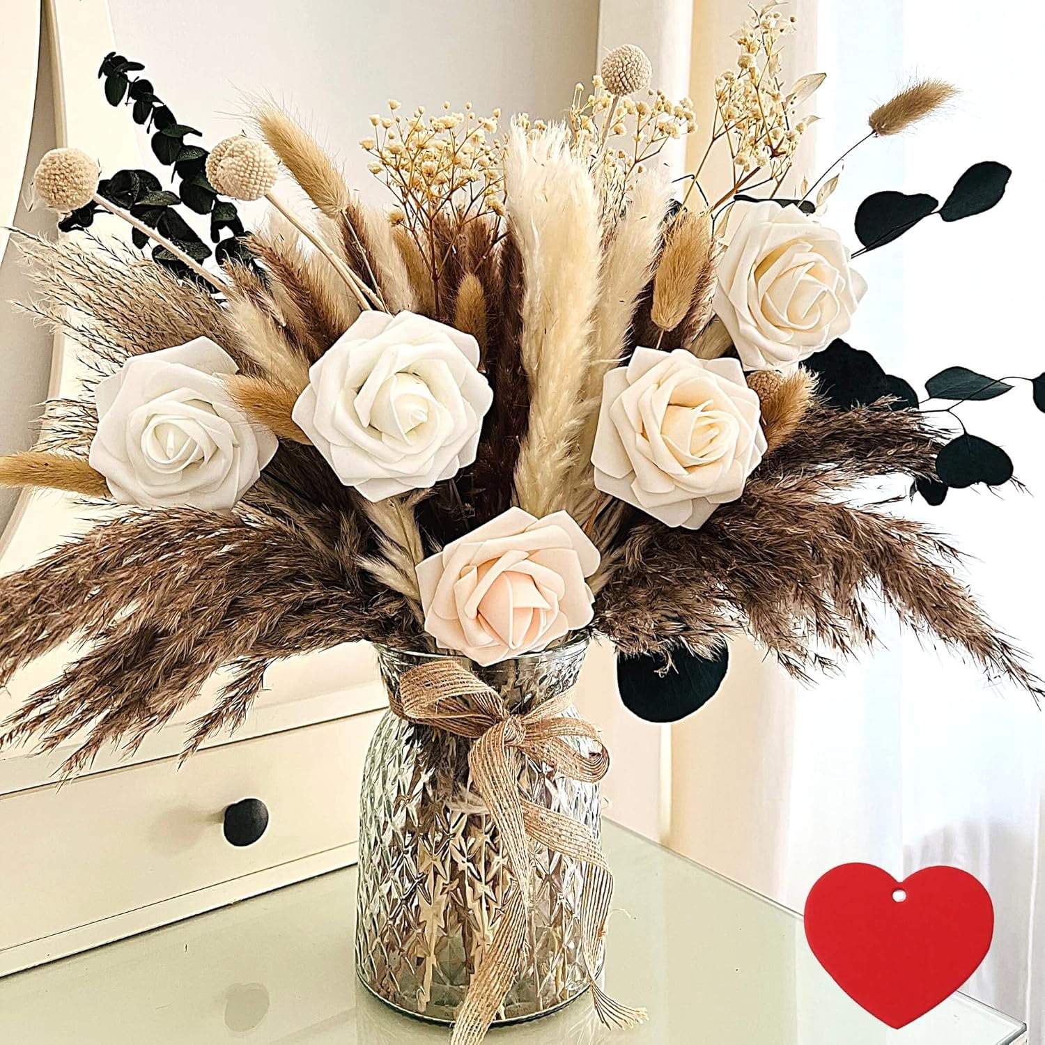 Artificial Flowers Arrangement, Dining Table Centerpiece Decorations, Fake Flowers in Vase, Dried Pampas Grass Floral Centerpieces, Coffee Table Decor