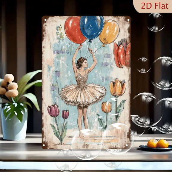 Vintage Mixed Media Ballerina on Pointe with Colorful Balloons and Tulips, 8x12 inch Distressed Metal Wall Art, Romantic Whimsical Teal Blue Gold Decor for Living Room