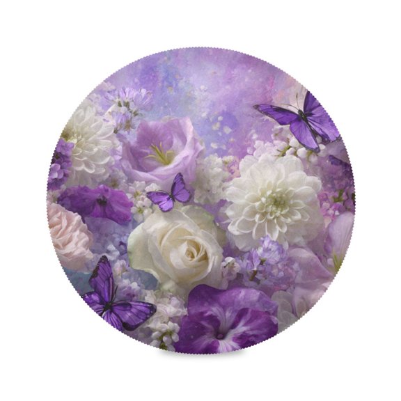 WOBOGO Purple Butterfly Floral Round Placemats Set of 1 Heat Resistant Washable Kitchen Table Decorations 15.4in