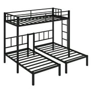 Twin over Twin & Twin Size Bunk Beds for 3, Metal Triple Bed Frame with Built-in Ladder and Full-length Guardrails, Bunk Bed Detachable into 3 Seperate Beds for Kids Boys Girls, Black
