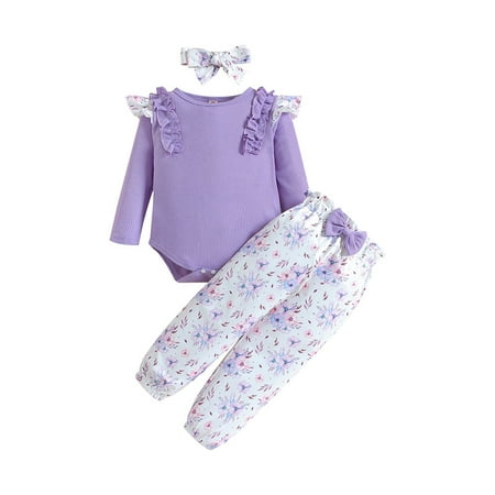 

ZHAGHMIN 3 Pcs Toddler Girls Long Sleeve Floral Print Romper Bodysuit Cute Bow High Waist Pants Outfits Set Baby Girl Autumn Clothes Purple 70