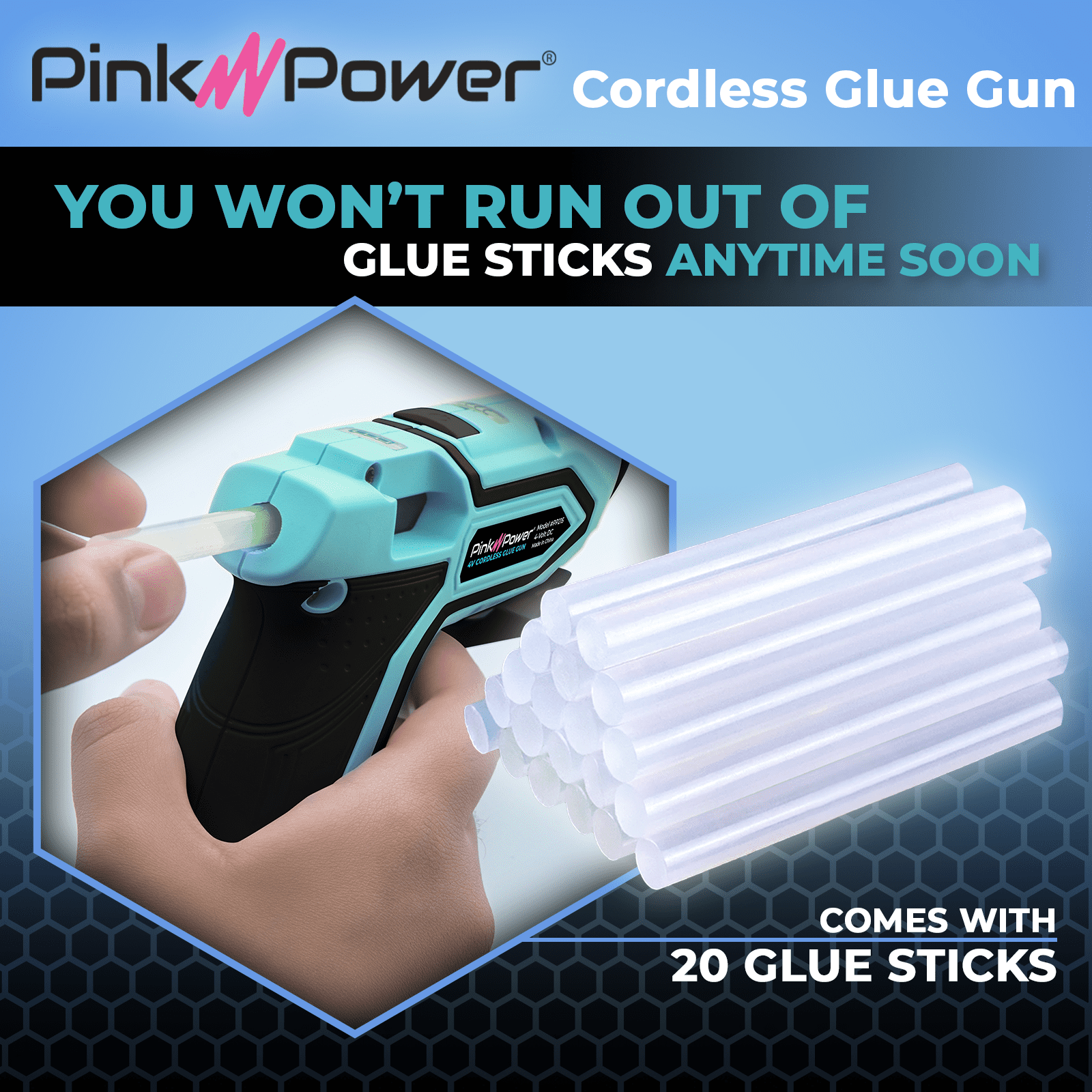 Pink Power Cordless Mini Hot Glue Gun with Stand - USB Rechargeable Wireless Hot Melt Glue Gun Kit with 20 Glue Sticks - Battery Operated Cordless Glue Gun for Crafts - Portable Blue Hot Glue Gun