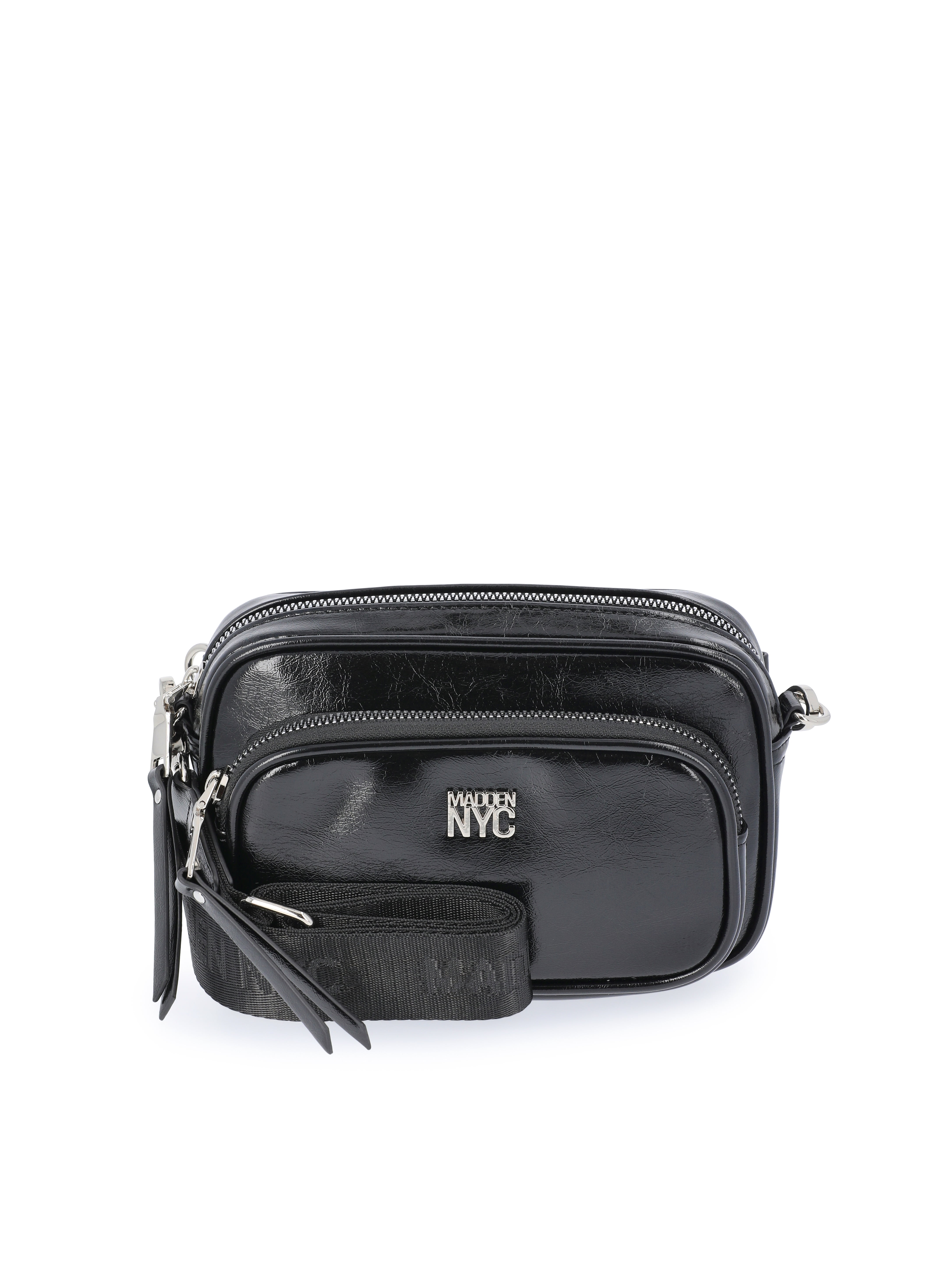 Madden NYC Women's Nylon Camera Handbag with Charm Keychain, Black Nylon