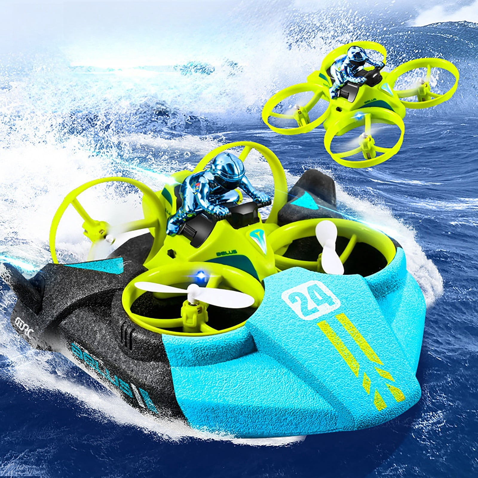 3-in-1 Remote Control Hovercraft, Sea Land Air RC Drone Drift Car, Quadcopter (Batteries Not Included for Remote), Green
