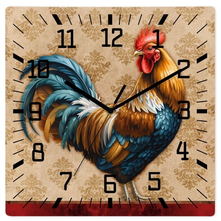Wall Clock Farmhouse Chicken Rooster Cock Operated Square Clocks Wooden Silent Non Ticking