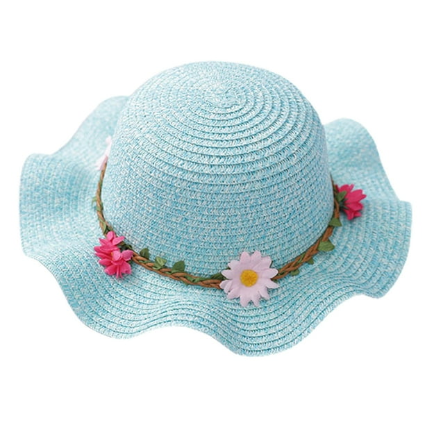 Sombrero de verano para niños con circunferencia de 51-52 cm, sombrero de paja con flores, sombrero grande para lavabo, sombrero de paja para playa con protección solar