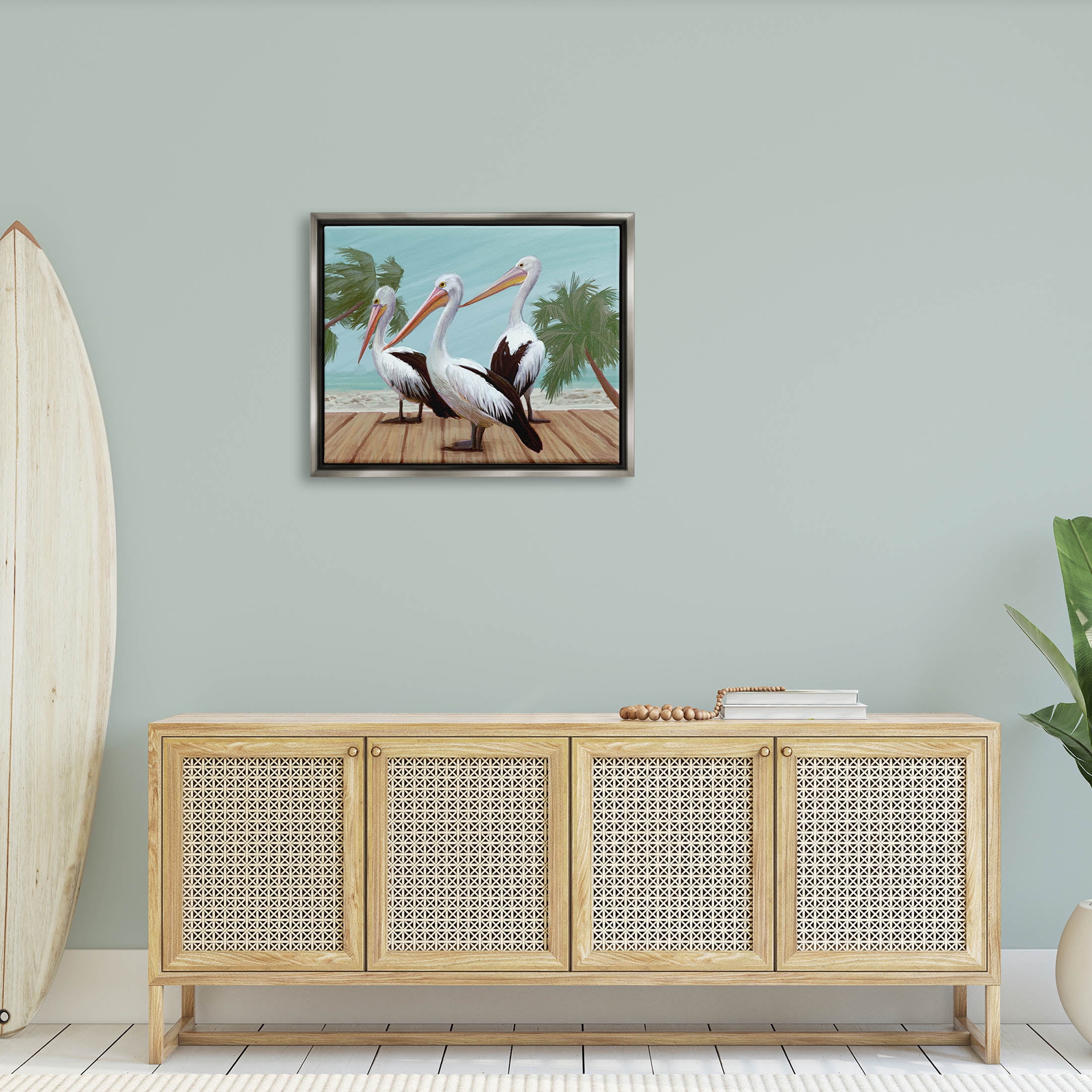 Stupell Industries Tropical Pelicans Beach Boardwalk Painting Luster Gray Floating Framed Canvas Print Wall Art, Design by Ziwei Li