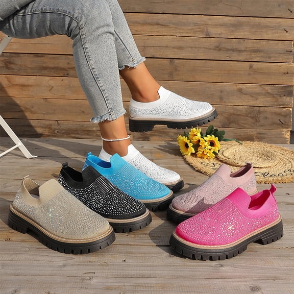 Miluxas Women's Rhinestone Glitter Slip on Sneakers,Thick-Soled Platform Loafers Fashionable Round Toe Casual Shoes White 9.5(43)