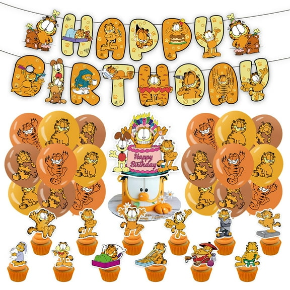 New 32Pcs/Set Kids Adult Surprise Theme Birthday Party Decorations | Cartoon Cupcake Topper Cards | Cute Garfield Banner Flag | Latex Balloons Toys Props