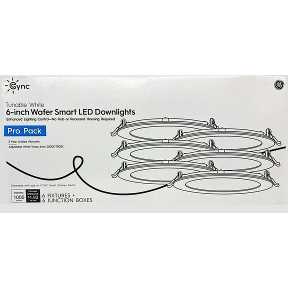(6 LED wafers) GE Cync 6 inch Wafer Pro Pack Smart LED Downlight, Tunable White, from 2000K to 7000K, 1000 lumens, 16 watts,  Dimmable with app or Cync Smart Dimmer Switch