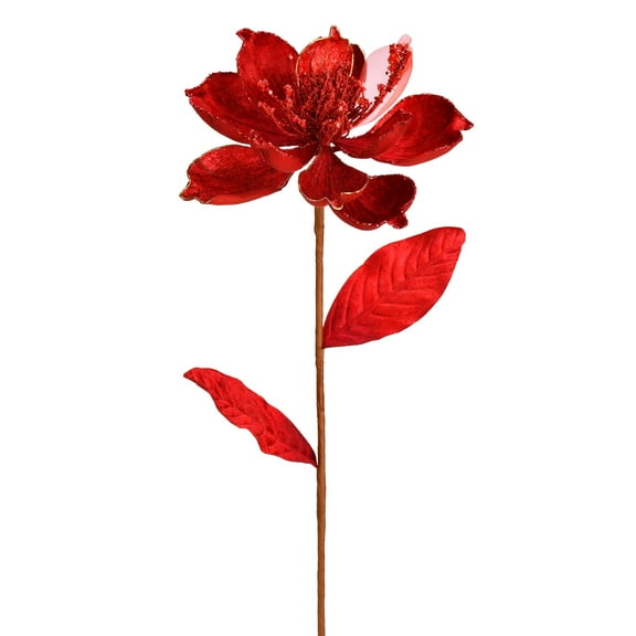 Vickerman 30" Red Glitter Magnolia Artificial Christmas Spray. Includes 2 sprays per pack.