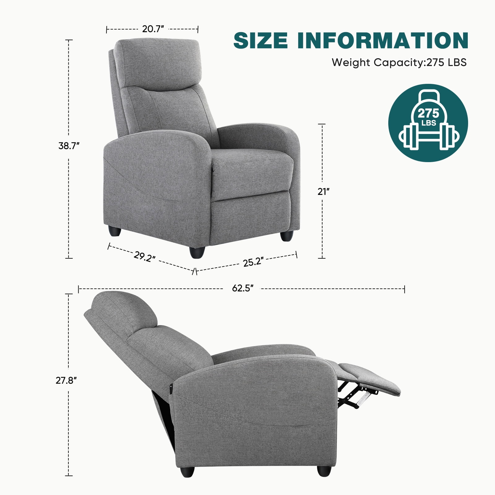 CONCETTA Massage Recliner Chair with Vibration, Small Sofa for Living Room & Home Theater, 160° Recline, 275lb Capacity, Gray