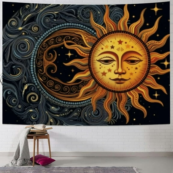 Creowell  Psychedelic Tapestry Wall Hanging for Bedroom Aesthetic, Sun and Moon Boho Bohemian Tapestries, Colorful Vintage Mandala Outdoor Floral Backdrop Decor for Living Room Dorm  40x30inch