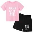 thumbnail image 5 of Conjunto de 2 piezas de camiseta y pantalones cortos con estampado de letras para niños y adolescentes de verano de 4 a 14 años, ropa informal de manga corta para niños y niñas, 5 of 5