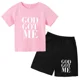 thumbnail image 5 of Conjunto de 2 piezas de camiseta y pantalones cortos con estampado de letras para niños y adolescentes de verano de 4 a 14 años, ropa informal de manga corta para niños y niñas, 5 of 5