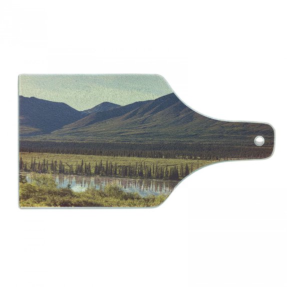 Alaska Cutting Board, Mountain and River in Alaska American Countryside Idyllic Rustic Photo, Decorative Tempered Glass Cutting and Serving Board, Wine Bottle Shape, Forest Green Yellow, by Ambesonne