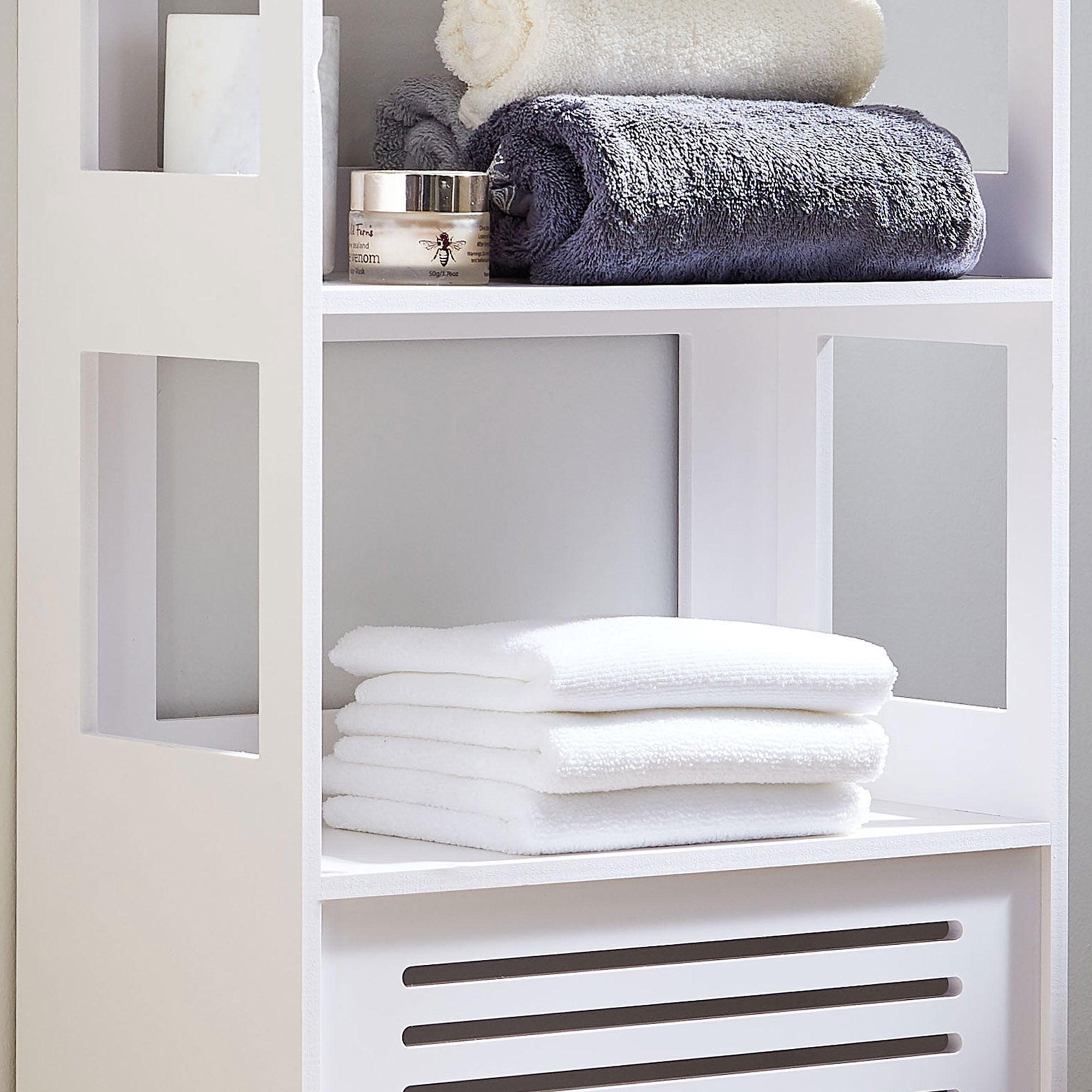 Kings Brand Furniture Basic Plastic Wood Storage Cabinet for Bathroom, 3 Open Shelves, 1 Cabinet, White