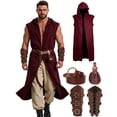 thumbnail image 2 of Virmaxy Halloween Costume Men's Medieval Hooded Tunic Set Renaissance Costume with Belt Pouch and Bracers for Halloween Party Red, 2 of 6