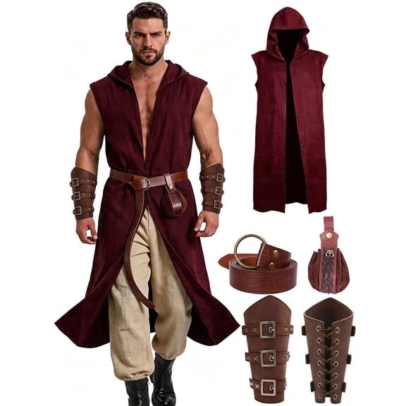JOANKDMI 5 Piece Men's Hooded Sleeveless Long Vest Renaissance Cosplay Tunic Open Front Maxi Cardigan Medieval Knight Robe for Halloween LARP Steampunk Costume Outfit