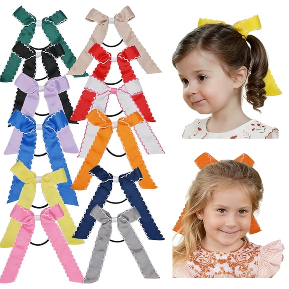 JoyBowie 12 Pcs 5inch Scalloped Edge Hair Bow Hair Ties for Girls 4-12 Years, Grosgrain Ribbon Ponytail Holders for School & Parties