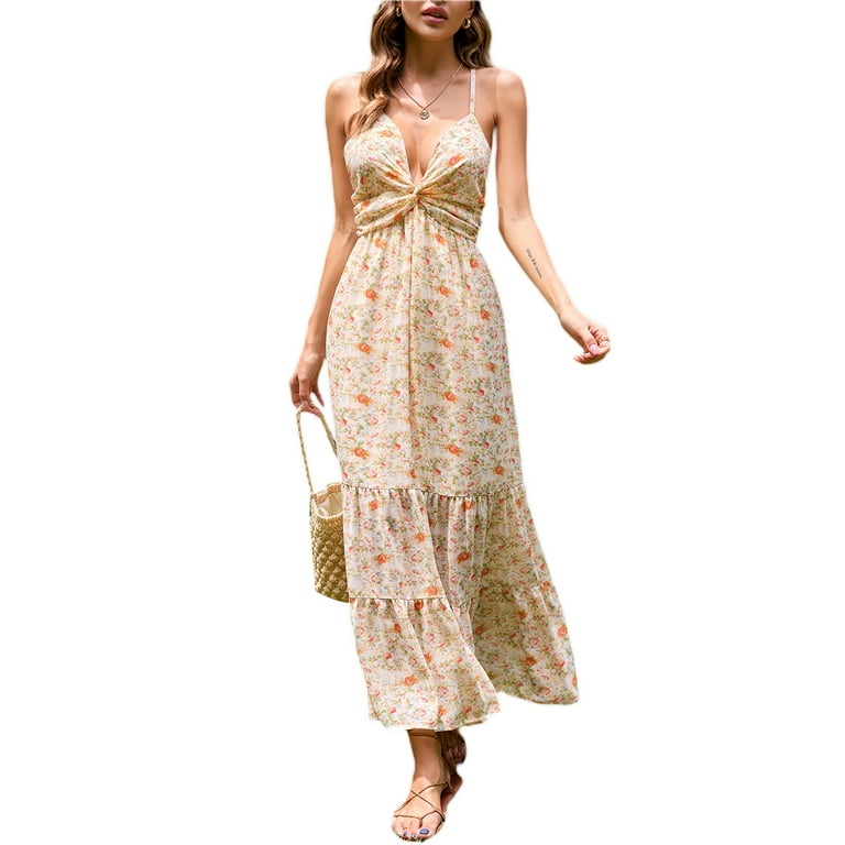 Eyicmarn Ladies V-neck Slip Dress, Women Leisure Style Floral Printing  Knotted Sleeveless Backless Tie Up Long Skirt 