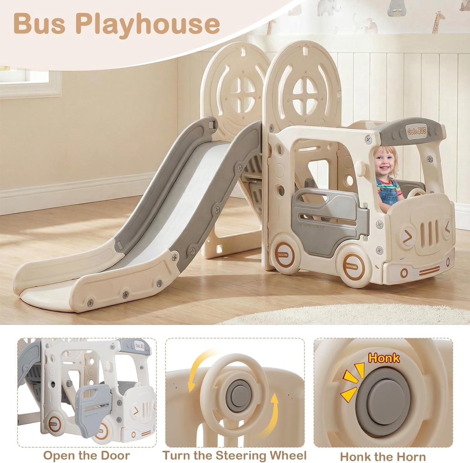 OLAKIDS Toddler Slide and Swing Set, 5 in 1 Bus Themed Baby Slide with Climber Basketball Hoop Car Playhouse for Indoor Outdoor Boys Girls Aged 3+