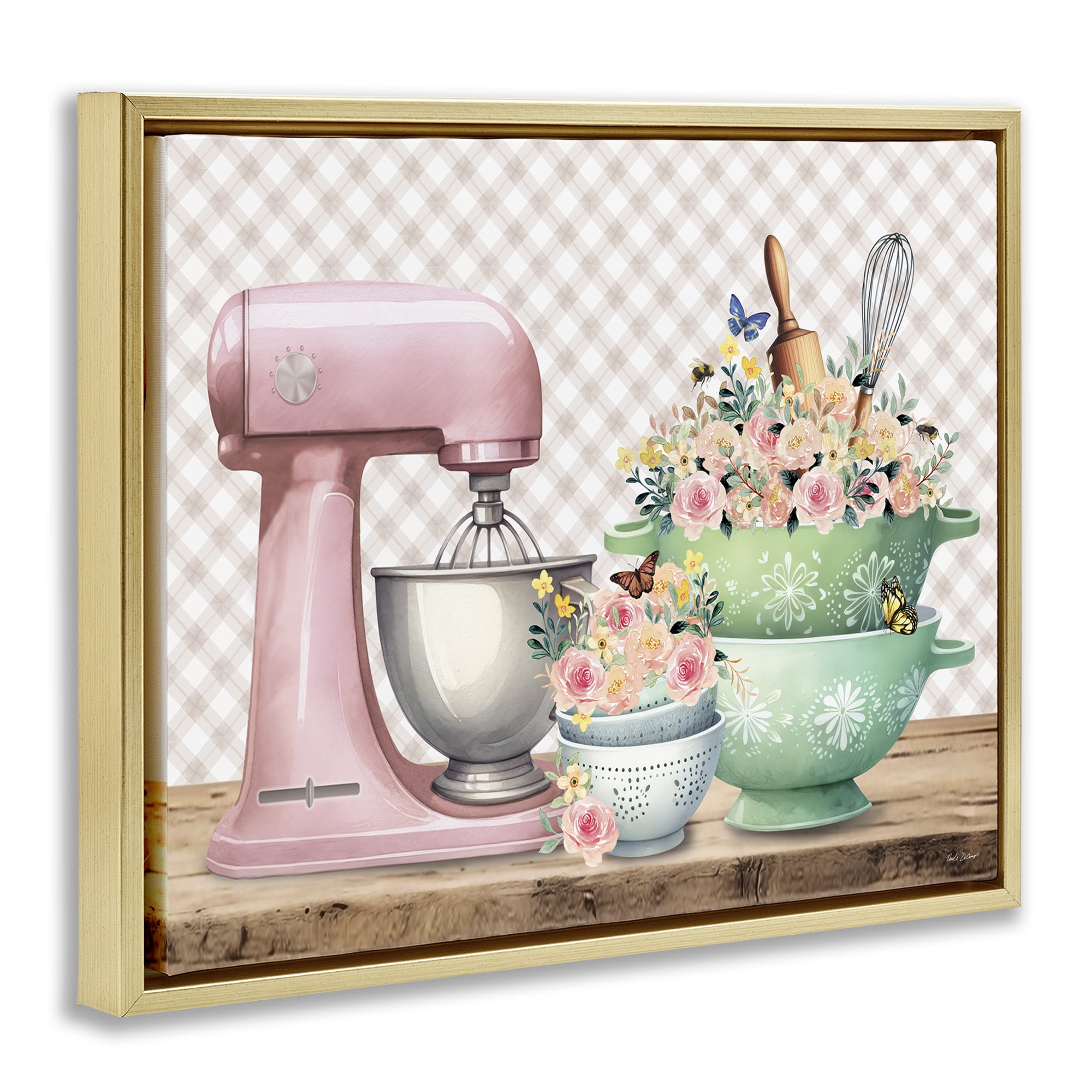 Stupell Industries Floral Gingham Kitchen Food & Beverage Painting Gold Floater Framed Canvas Art Print Wall Art, 31 x 25