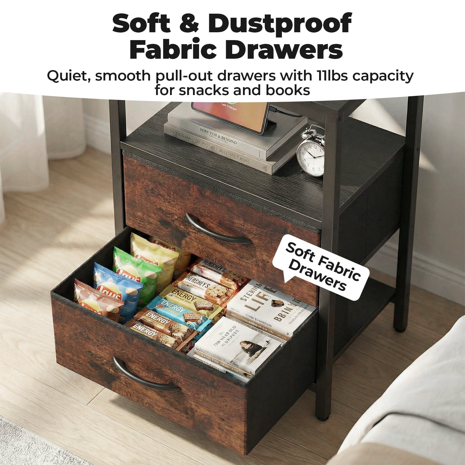 Alvantor Bedside Table Charging Station Nightstand with Fabric Drawers, End Side Table for Bedroom Living Room