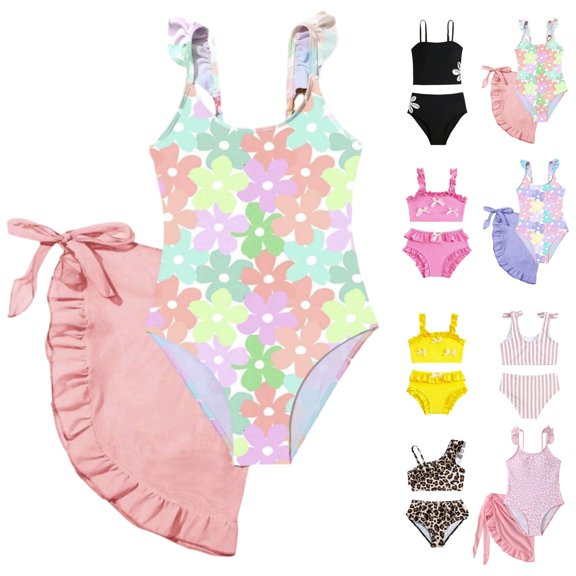 YOUYEDIAN 2 Piece Toddler Swimsuit Girl Teen Cute Sleeveless Spaghetti Straps Tankini Tops Bathing Suits Summer Beach High Waist Swimwear Set (Pink#04, 8-9 Years)