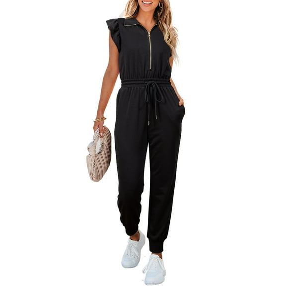 Women's Black Zipper Flutter Sleeve High Waist Jumpsuit - Chic and Casual | [ZhiHiMeRi] | (US 12-14)L