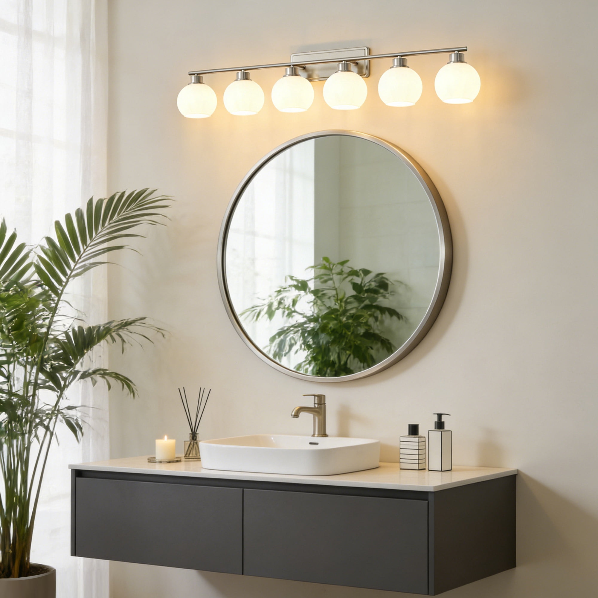 Deyidn 45.27" 6-Light Dimmable Bathroom Vanity Light - Nickel Finish with Milky White Glass Shades, Transitional Modern Design