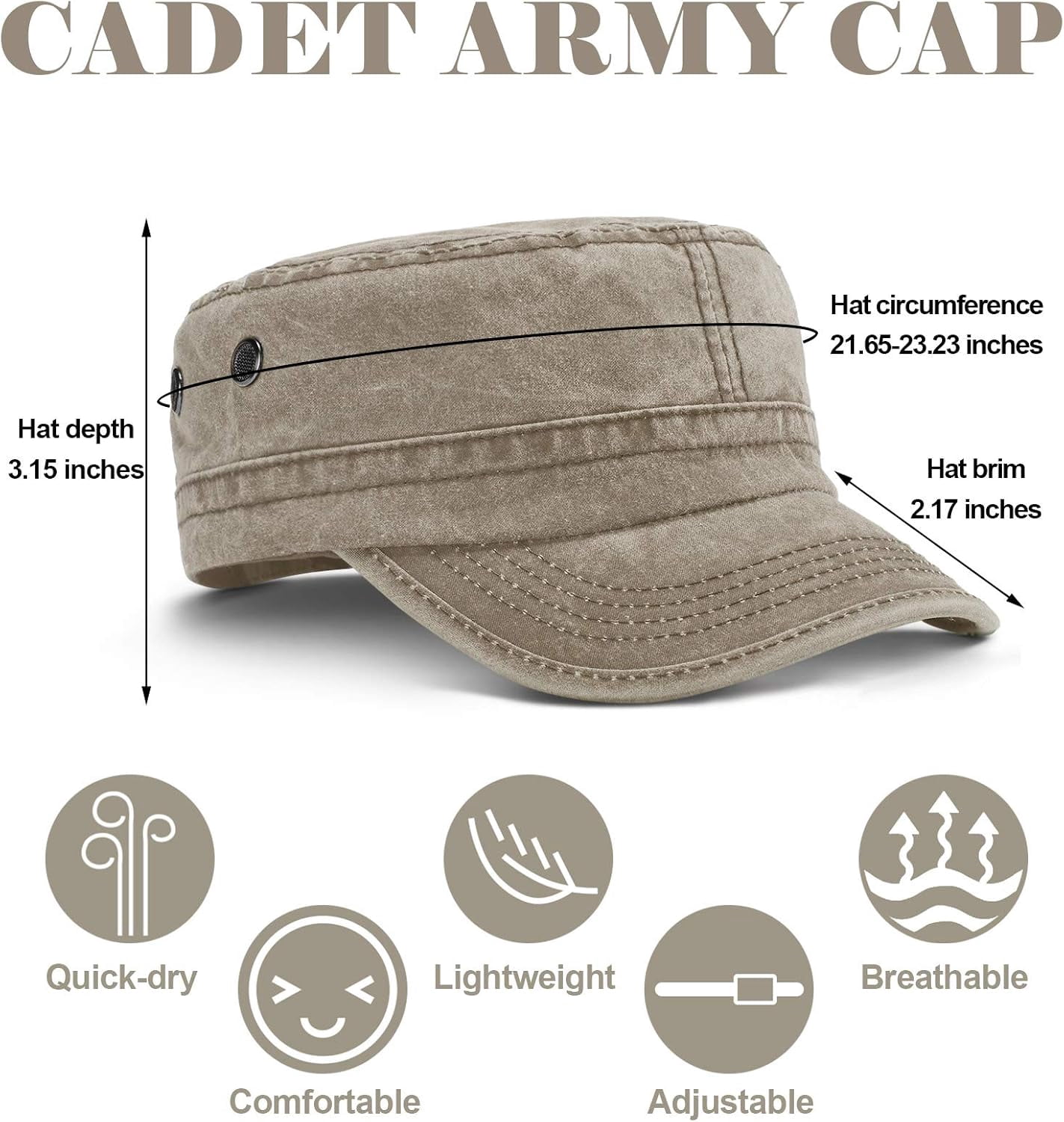 DOVACKA 3 Pieces Cadet Army Cotton Caps Washed Military for Flat Top Caps Adjustable Military Style Hat Unisex