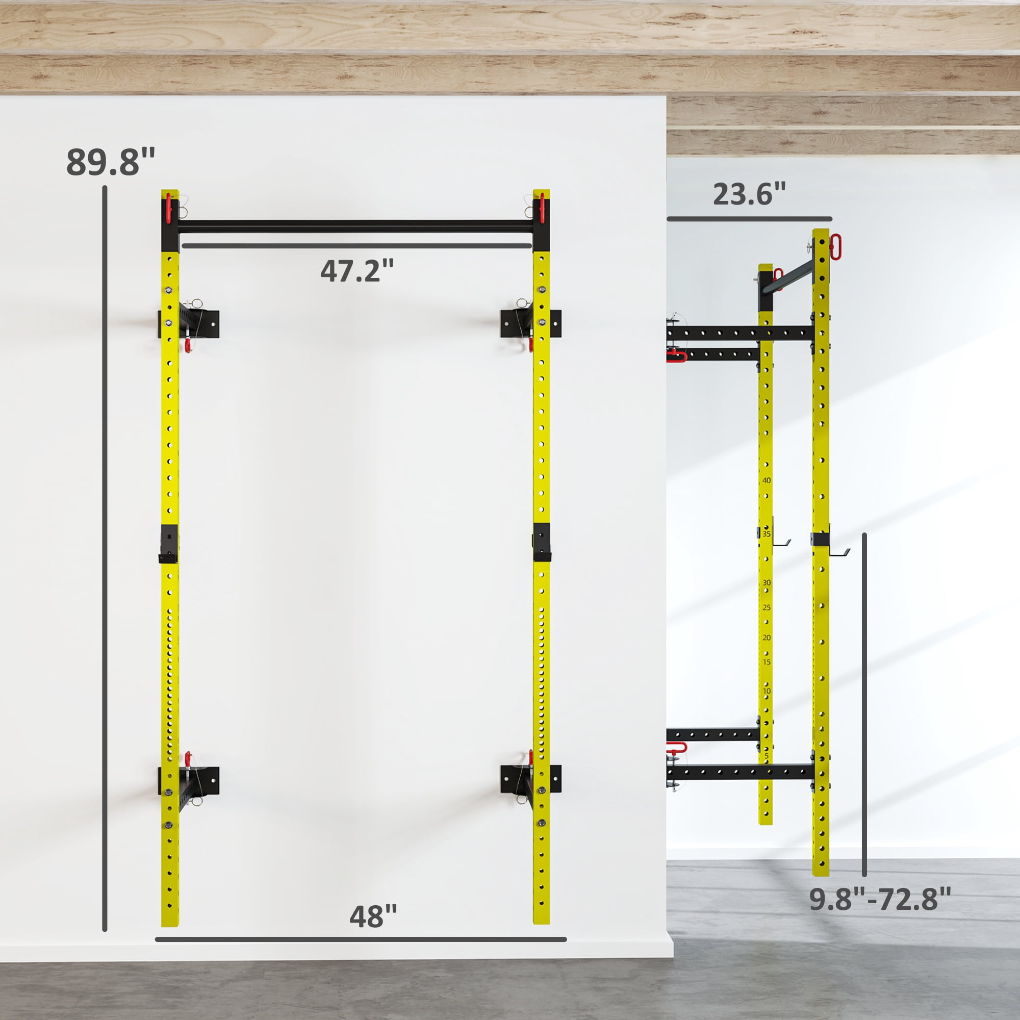 Soozier Folding Squat Rack with Pull Up Bar, Wall Mounted, 1000 Pounds Capacity Power Rack, Yellow