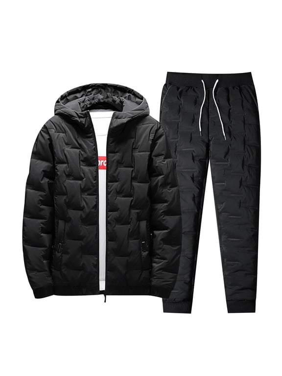 Men's Winter Outfit Set Solid Color Thick Down Jacket Pants Outfit Set for Men Warm Thermal Athletic Track Suit Outfits