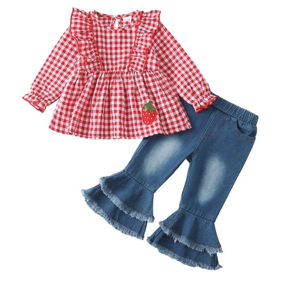 KIMI BEAR 2T Toddler Girls Outfits 3T Kid Clothes Sets Winter Ruffle Long Sleeves Pullover Top Strawberry Plaid Tops Flared Denim Pants Set 2pcs Warm Clothing Red
