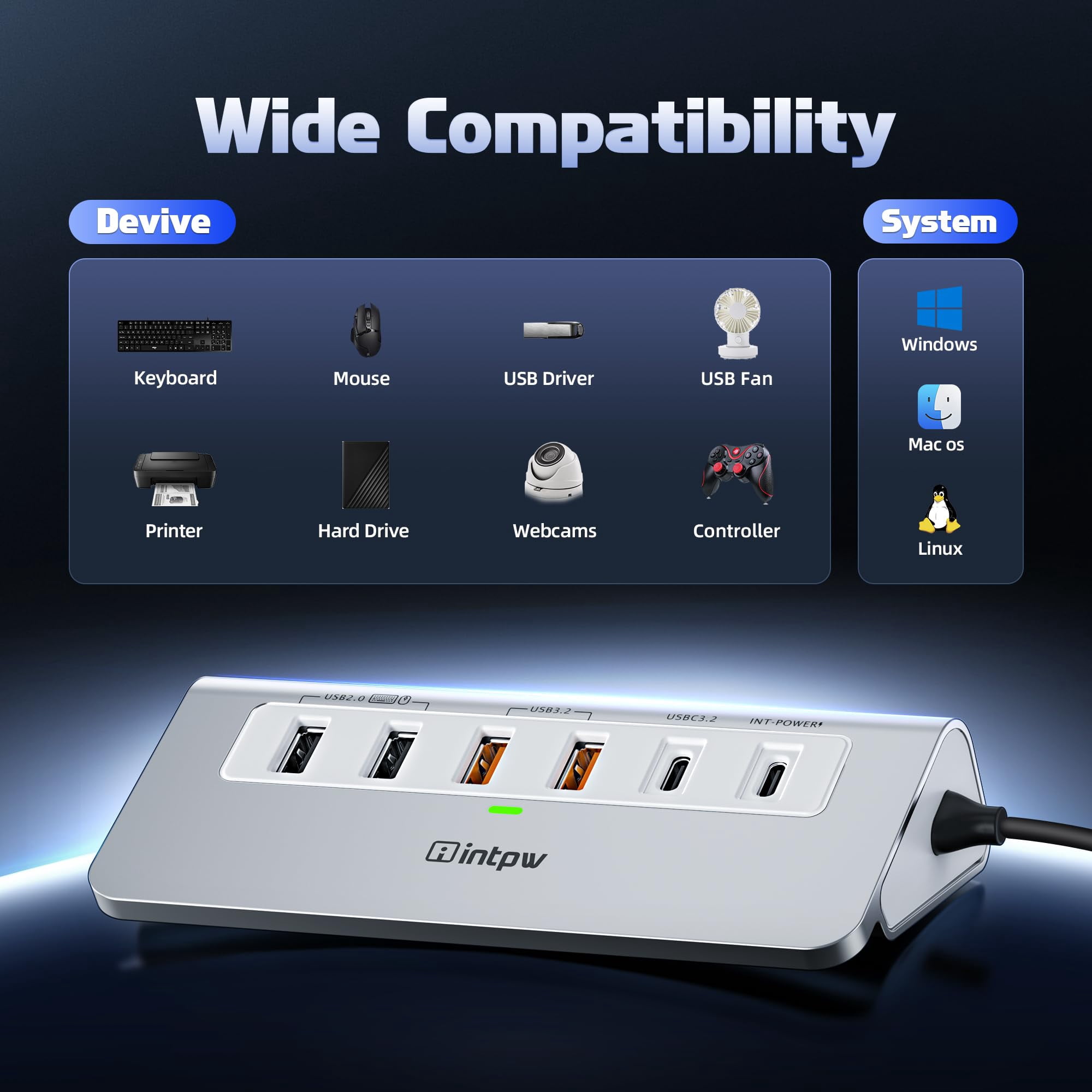 INTPW Powered USB C Hub for Laptop, 9-Port USB Hub with 10Gbps Data Transfer, 4K HDMI, 100W PD Charging, Multiport Adapter for MacBook, Windows PC