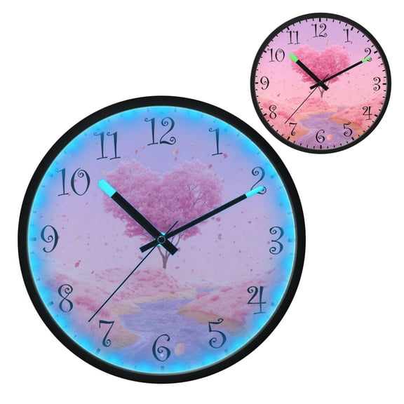 Voice Activated Clock with Glow Light 12 Inch Large Silent Wall Clock Battery Operated for Home Decor Pink Heart-shaped Tree