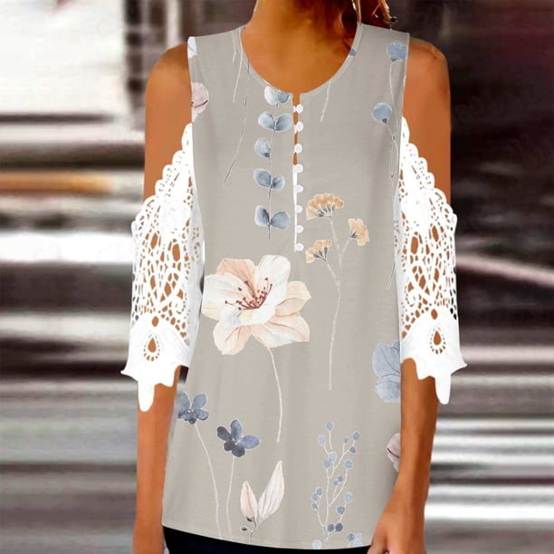 Ichuanyi liquidación de encaje redondo de cuello para mujeres fuera del hombro 3/4 botón de manga impreso ICHUANYI WER2023082209420