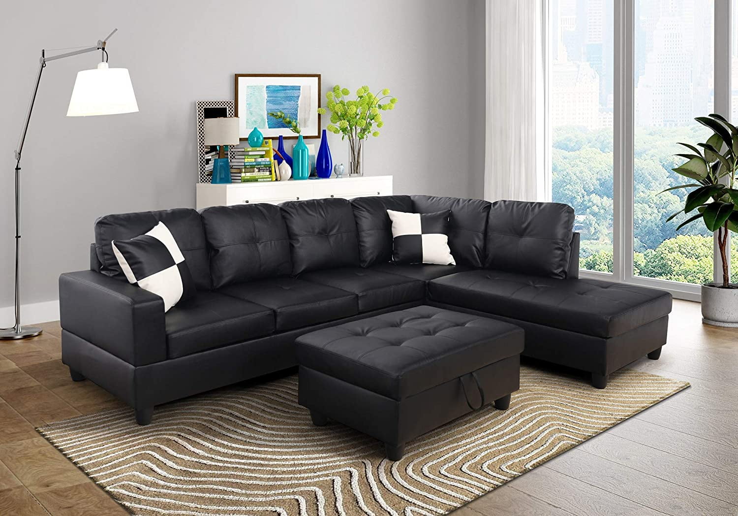 DAE Right Facing Sectional Sofa L-Shape Faux Leather Black - Walmart
