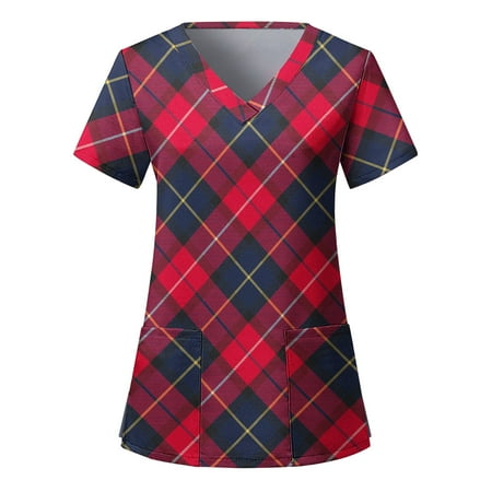 

TAIAOJING Women Scrubs Top Ladies Casual Christmas Plaid Print Short Sleeve Pocket Loose Care Workwear Fashion Tunic Top Shirt