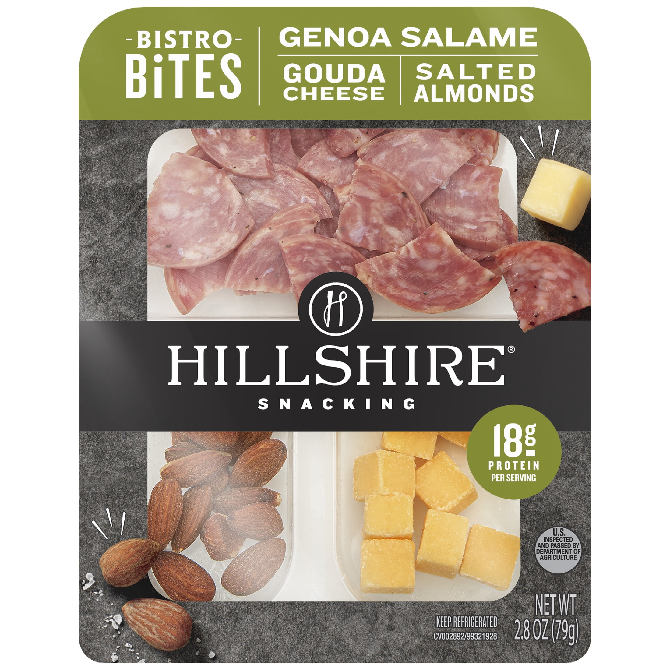 Hillshire Snacking Sliced Refrigerated Snack Boxes, 2.8 oz, Protein Bistro Bites, Genoa Salami, Gouda Cheese & Salted Almonds, Snack Pack