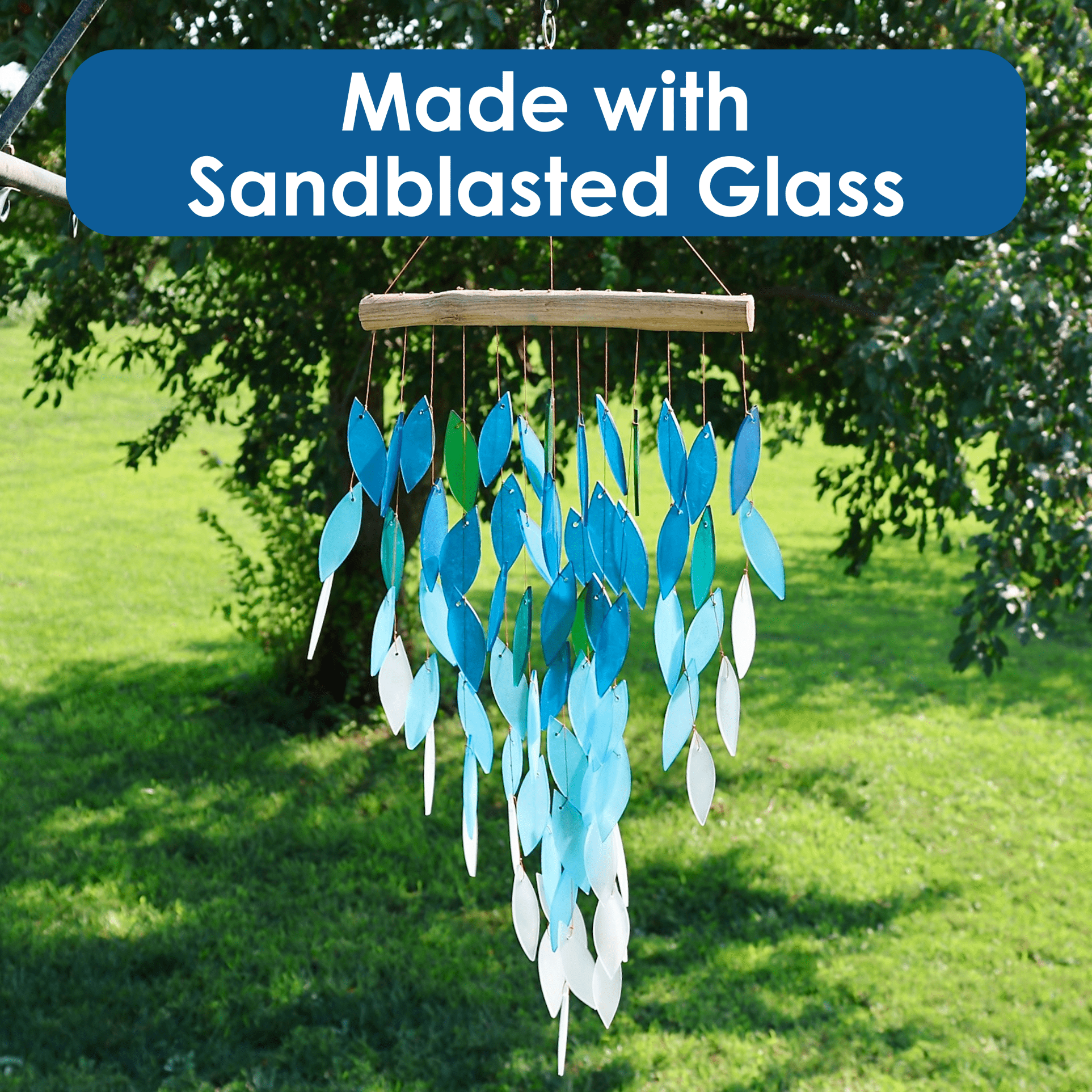 Blue Handworks Glass Wind Chime Deluxe Ocean Waterfall Wind Chimes for Outdoors 31.5in x 11in